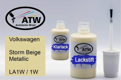 Volkswagen, Storm Beige Metallic, LA1W / 1W: 20ml Lackstift + 20ml Klarlack - Set, von ATW Autoteile West.